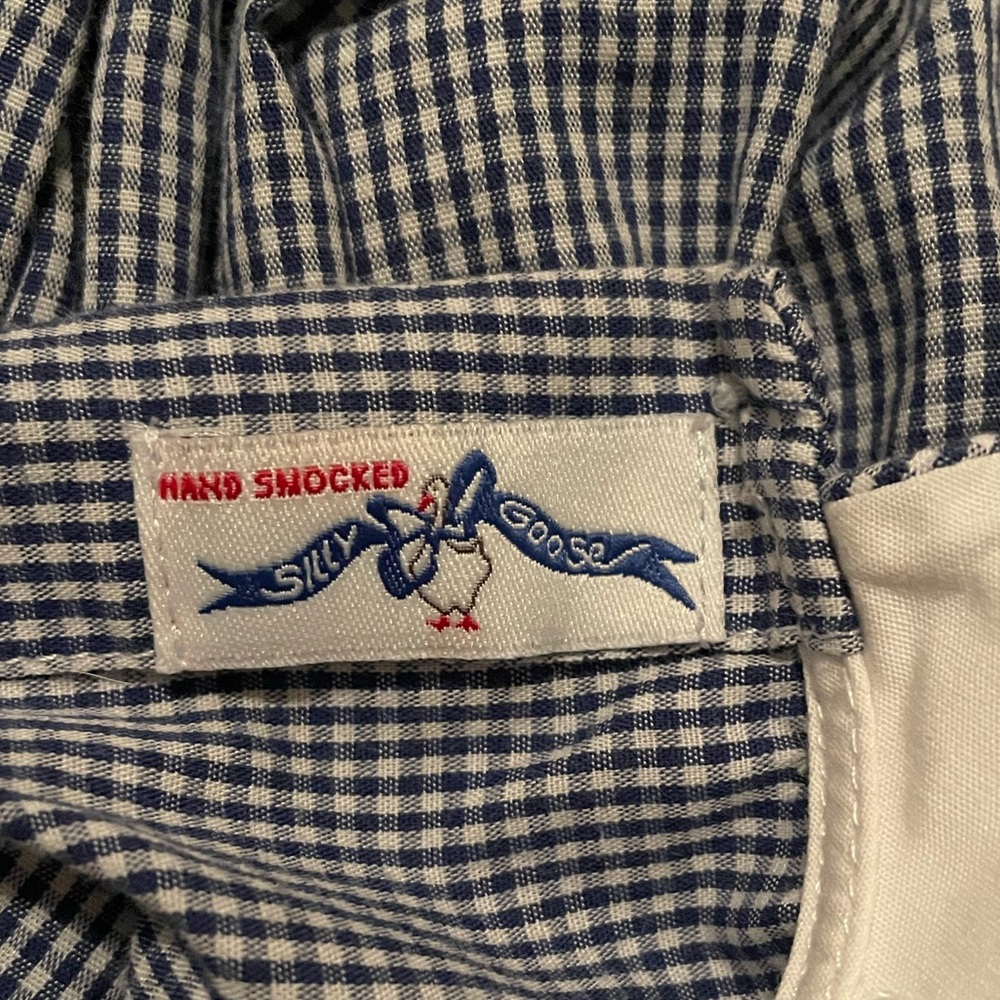 Silly Goose Hand Smocked Charming Blue Checkered Kids Bodysuit with Train Design - Picture 4 of 5